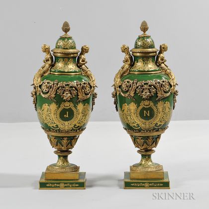Pair of Sevres-style Porcelain Covered Urns