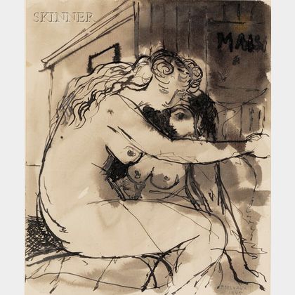 Paul Delvaux (Belgian, 1897-1994) Portrait of Two Women Embracing