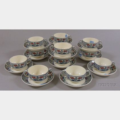 Set of Twelve Wedgwood Transfer Cheadle Pattern Ceramic Cream Soups and Underplates. 