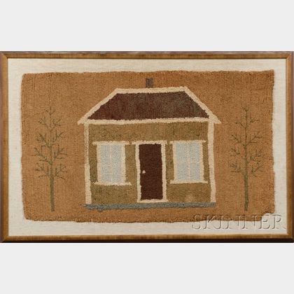 Framed Hooked Rug with House and Trees