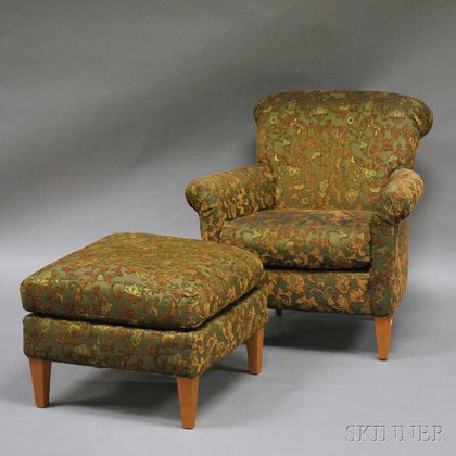 Modern Brocade Upholstered Armchair and Ottoman. Estimate $150-200