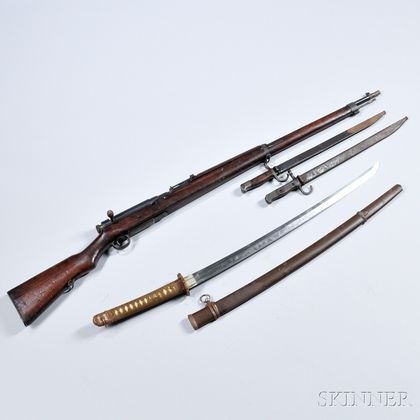 Japanese Type 99 Rifle, Two Bayonets, Katana, and Maps