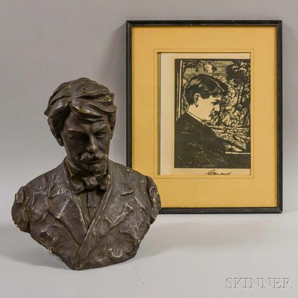 Plaster Bust and a Framed Woodblock Portrait on Paper of Edward MacDowell