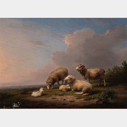 Frans Van Severdonck (Belgian, 1809-1889) Sheep and Lambs in a Landscape