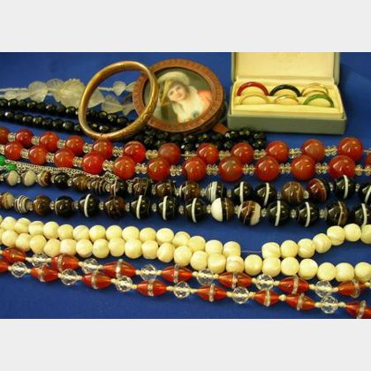 Seven Strands of Hardstone and Other Beads, Portrait Miniature, Etc. 