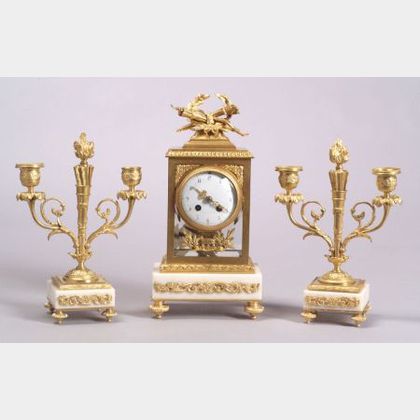 Louis XVI-style Gilt Bronze Three Piece Clock Garniture