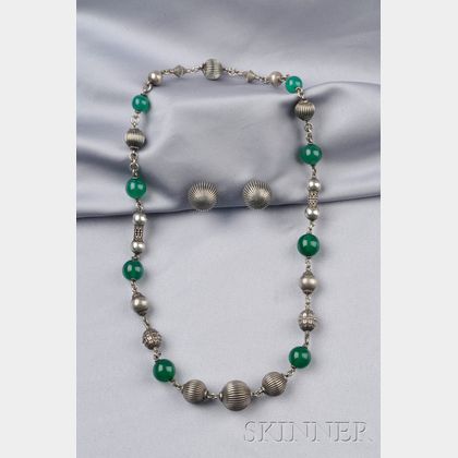 Sterling Silver and Green Chalcedony Necklace and Earclips