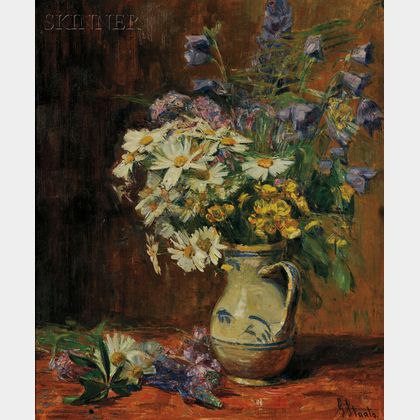 Gertrud Staats (German, 1859-1938) Still Life of Summer Flowers in a Blue and White Pitcher