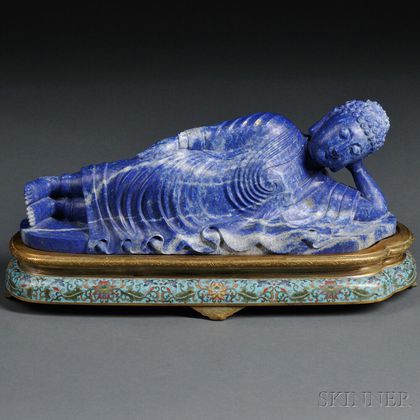 Lapis Lazuli Reclining Buddha on a Cloisonne Stand