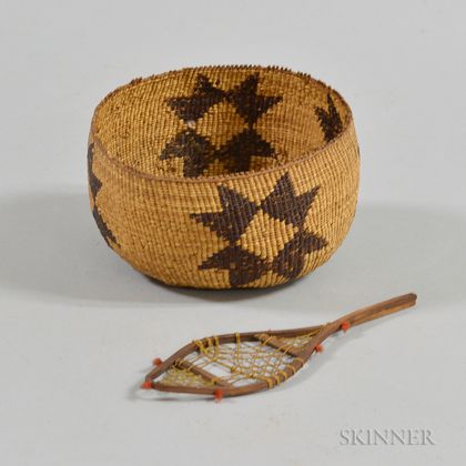 Northern California Twined Basket and a Single Miniature Wood Snowshoe