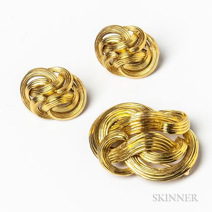 18kt Gold Knot Brooch and Earclips