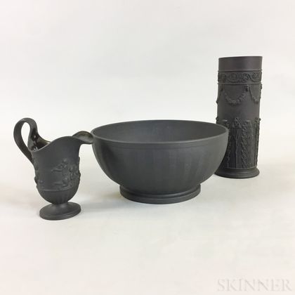 Wedgwood Black Basalt Bowl, Cylinder Vase, and Creamer