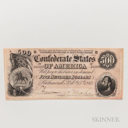 1864 Confederate $500 Note, T64. Estimate $300-500