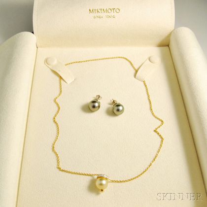 Mikimoto 18kt Gold, Diamond, and Pearl Necklace and a Pair of Tahitian Pearl Earrings