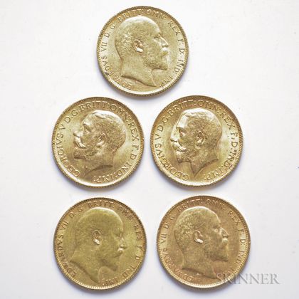 Five British Sovereign Gold Coins