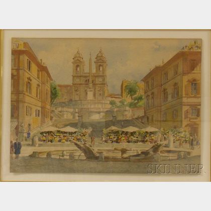 Framed 20th Century Italian School Watercolor on Paper of a Piazza