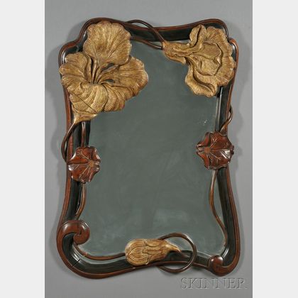 Art Nouveau-style Carved Mahogany and Parcel-gilt Mirror