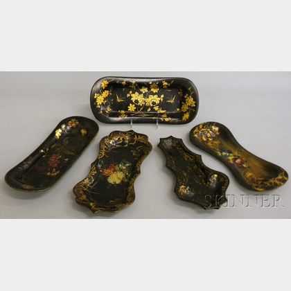 Five Small Victorian Gilt and Polychrome-decorated Black Lacquered Papier-mache Trays