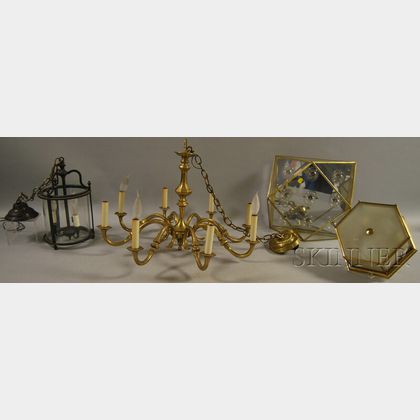 Baroque-style Brass Eight-light Chandelier, Georgian-style Patinated Brass Three-light Hall Lantern, and Two Modern Brass and Glass ...