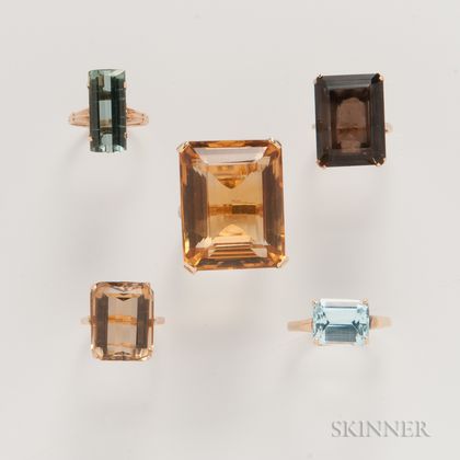 Five Emerald-cut Gemstone Cocktail Rings