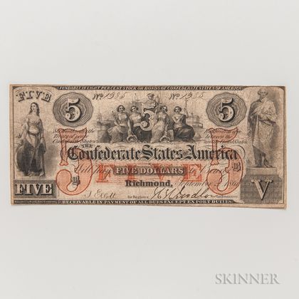 1861 Confederate $5 Note, T31, Cr. 244. Estimate $200-400
