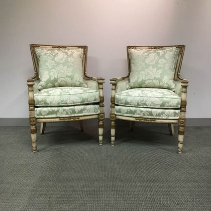 Pair of Louis XVI-style Painted and Upholstered Bergeres