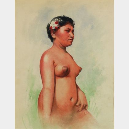 John La Farge (American, 1835-1910) Nude Woman with Flowers in Her Hair