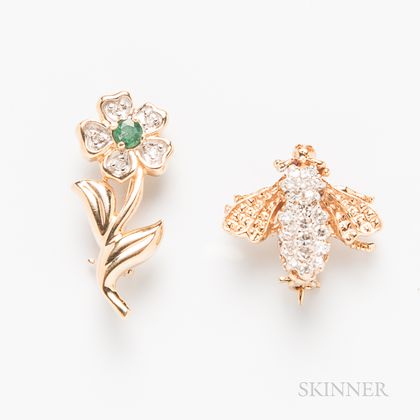 Two 14kt Gold and Diamond Brooches
