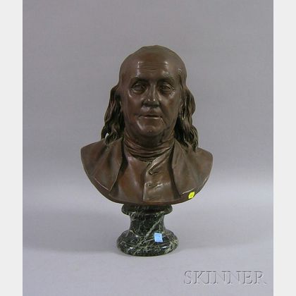 After Jean-Antoine Houdon (French, 1741-1828) Patinated Cast Bronze Bust of Benjamin Franklin
