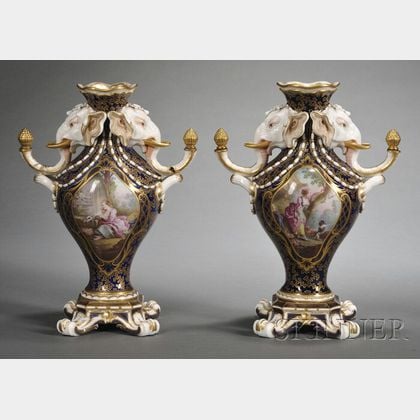 Pair of Minton Porcelain Vase Duplessis a Tetes D'elephant
