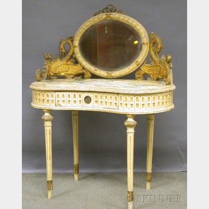 Louis XVI-style Marble-inset Carved Giltwood and Painted Kidney-shaped Mirrored Dressing Table