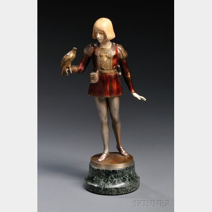 After Gotthilf Jaeger (German, 1871-1933) Cold-painted Bronze and Ivory Figure of a Young Falconer