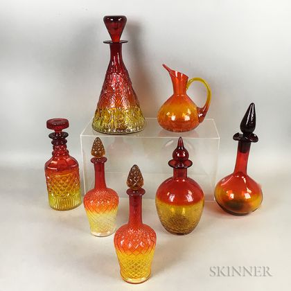 Seven Peachblow Glass Decanters