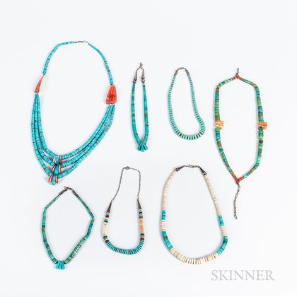 Seven Contemporary Heishi, Coral, and Turquoise Necklaces
