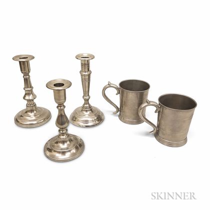Two Pewter Mugs and Three Candlesticks