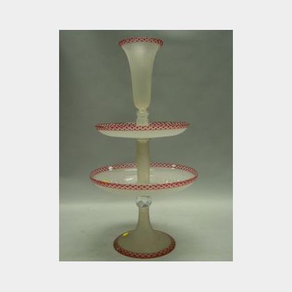 Cut Ruby Overlay and Frosted Glass Epergne