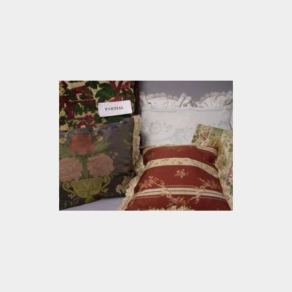Group of Decorative Throw Pillows, Lace Pillows, Textile Fragments and Other Items. 
