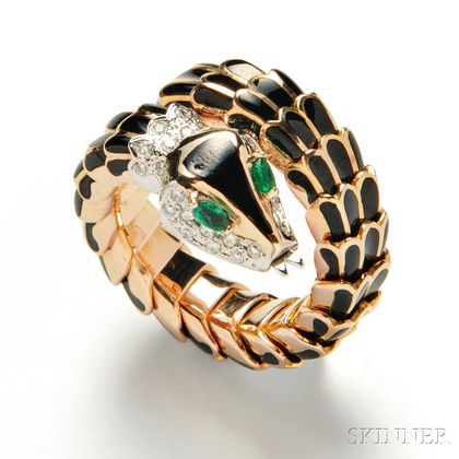 18kt Gold, Enamel, and Diamond Snake Ring