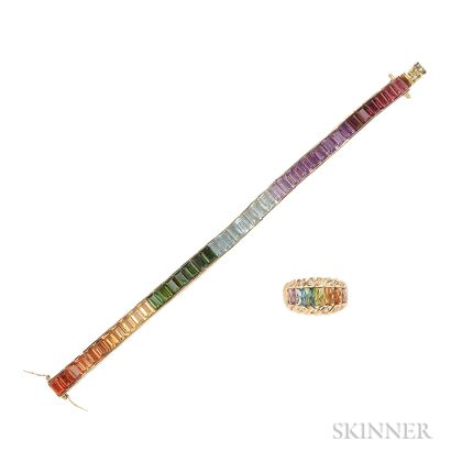 18kt Gold Gem-set Rainbow Bracelet and Ring