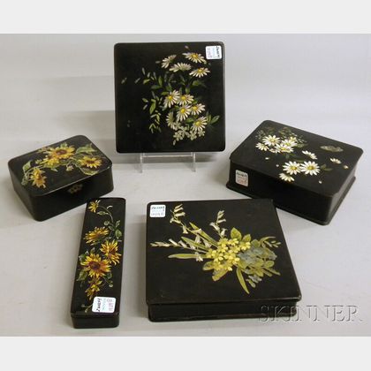 Five Late Victorian Polychrome Floral-decorated Black Lacquered Boxes. 