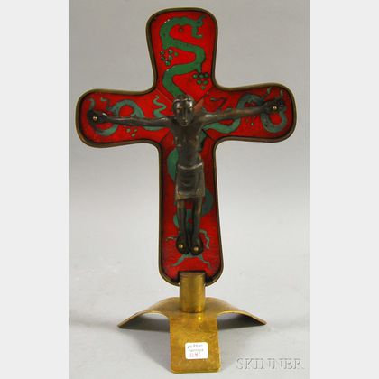 Modern Cast Bronze and Enamel-mounted Brass Crucifix