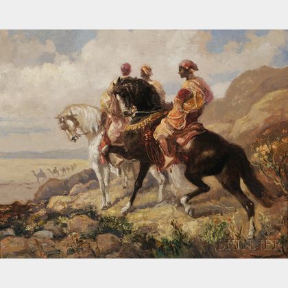 School of Adolf Schreyer (German, 1828-1899) Arab Horsemen Surveying a Distant Camel Caravan