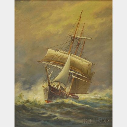 T. Bailey (American, 19th/20th Century) Portrait of a Sailing Ship in Stormy Seas.
