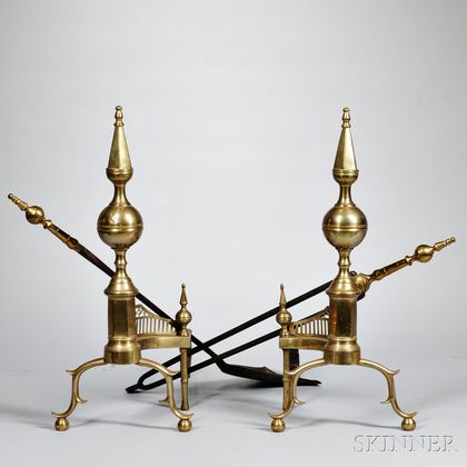 Pair of "I. EDWARDS" Federal Steeple-top Andirons, Hearth Tools and Jamb Hooks