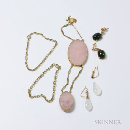 Two 14kt Gold Chains, a Carved Rose Quartz Bracelet, and Two Pairs of Hardstone Earrings