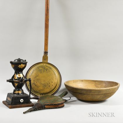 Small Enterprise Iron Coffee Grinder, a Turned Bowl, a Brass Bedwarmer, and a Pair of Bellows.