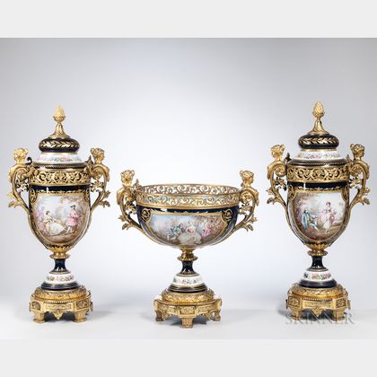 Sevres-style Three-piece Porcelain Garniture