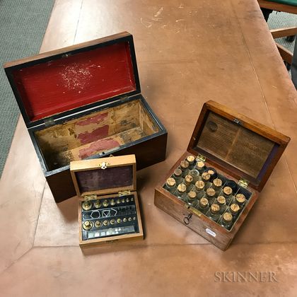 Small Boxed Apothecary, a Boxed Set of Weights, and a Mahogany Tea Caddy. Estimate $20-200
