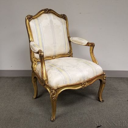 Louis XV-style Carved, Gilt, and Upholstered Bergere