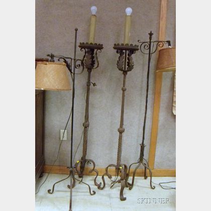 Pair of Wrought Iron Torchieres and Two Wrought Iron Adjustable Floor Lamps